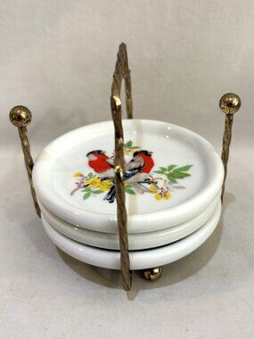 Set of 3 Interpur Bird Ceramic Coasters with Metal Holder Made in Taiwan